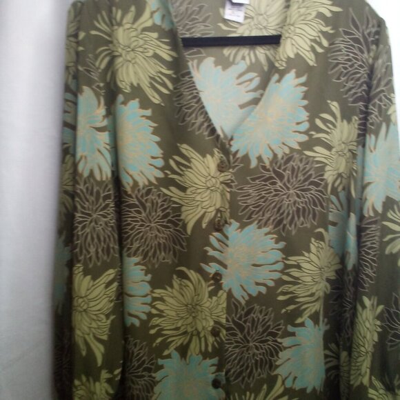 Giorgio Fiorlini Blouse Plus Collection 22 24 Button Up Long Sleeve Floral Green - Picture 12 of 16
